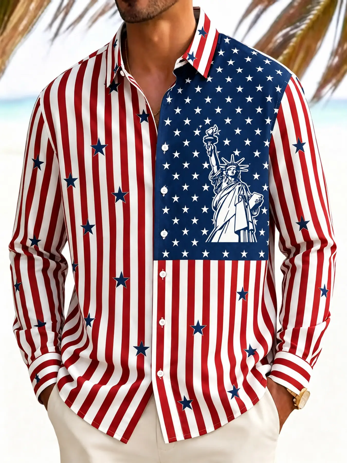 Men Patriotic Button Up Shirt for BBQ Party, Long Sleeve Flag Print Collared Shirt with Statue of Liberty, Graphic Tee Alternative