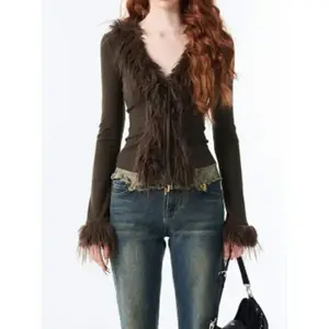 aesthetic V-neck jacket women Korean sexy fashion cardigan Harajuku vintage bandage fur patchwork coat 2024 spring chic Womenswear Tops timeless  wardrobe Outerwear Casual