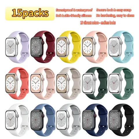 15 Pack Silicone Watch Bands for Apple Watch Series 1-12, SE & Ultra, 38/40/41/42/44/45/46/49mm, Soft Solid Color Sport Straps with Butterfly Clasp, Comfortable Adjustable Replacement Bands for Women & Men, Daily Wear & Gym
