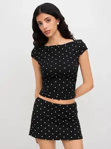 Cotton-blend Boat Neck Polka Dot Ruched Tee & Mini Skort
