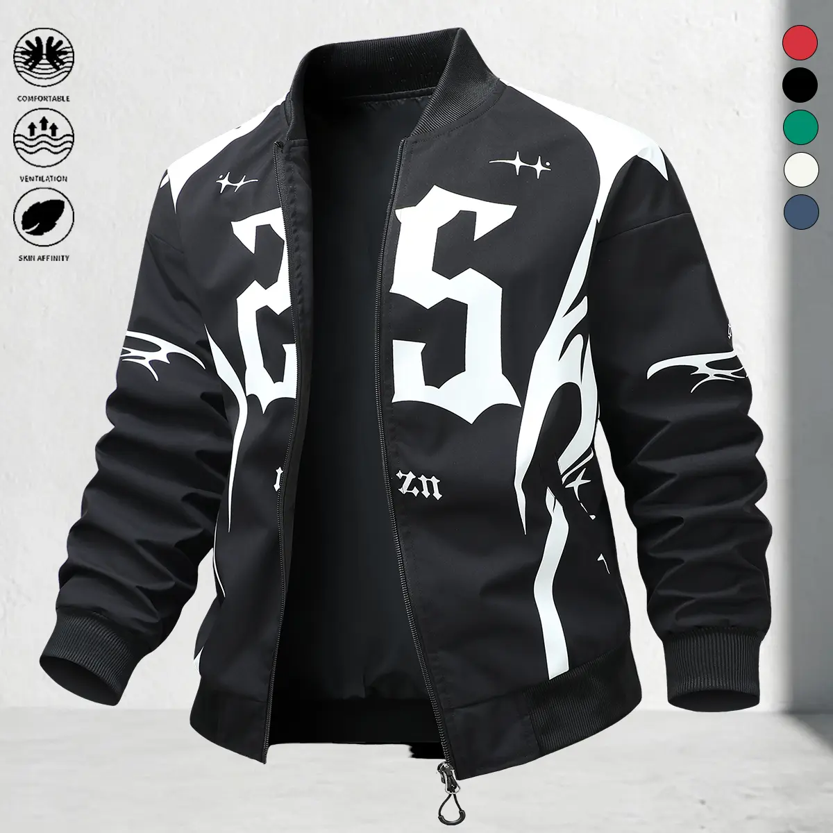 Men's Stylish Baseball Jacket - Menswear Long Sleeve Coats, Casual Zipper, Slight Stretch, Regular Fit, Baseball Collar, Drawing Pattern, All-Season, Breathable, Insulated, Comfortable Tops, Everyday Wear Outerwear