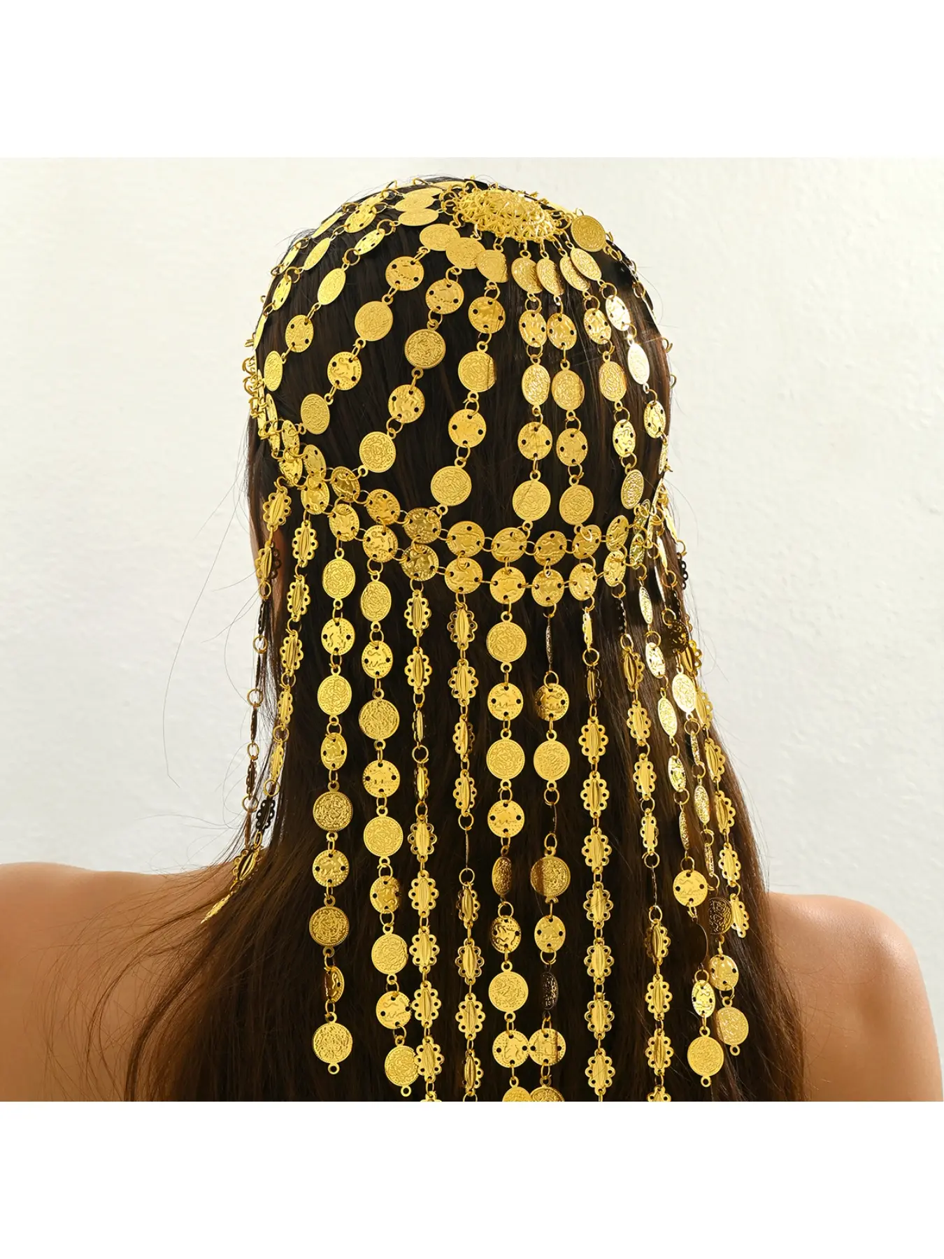 A long coin tassel hair chain popular in the Middle East, with a retro palace style, exaggerated multi-layered gold headwear, elegant crown design and exotic style