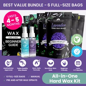 TRESS WELLNESS Hard Wax Beads Kit - 6 Scented Wax Beads Bags for Full Body Waxing with Lavender, Peppermint, Tea Tree & Lemon Scents - 1.3lb Professional Grade Waxing Kit