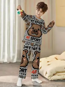 Capybara all-over print 2-piece boys' digital printed long-sleeve pajamas with extended pants, made of flame-retardant fabric. A stylish, trendy, casual, comfortable and soft pajama set, suitable for sleeping and home leisure. 100% polyester, ideal for bo