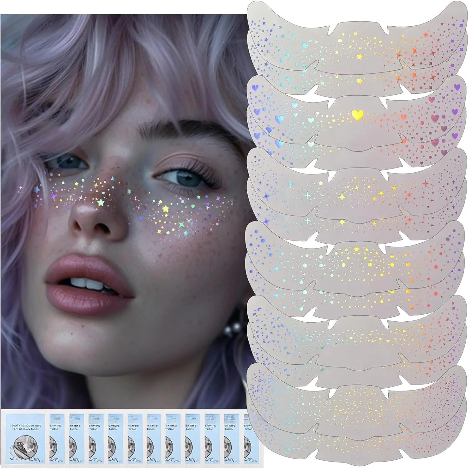 12 Holographic Multichrome Glitter Freckles Face Waterproof Sparkle Speckles Patches for Women Cute Star Glitter Temporary Makeup Accessories Festival Rave