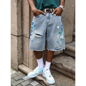 Men's Light Wash Ripped Denim Bermuda Shorts With Floral Retro Design Graphic Jean Shorts Men Men Floral Denim Shorts Ripped Denim Shorts