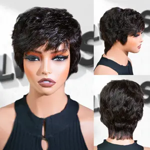 LWIGS Pixie Cut 6 Inch 250% Density Full Machine Made Wig With Bangs Virgin Human Hair For Daily Wear Parties
