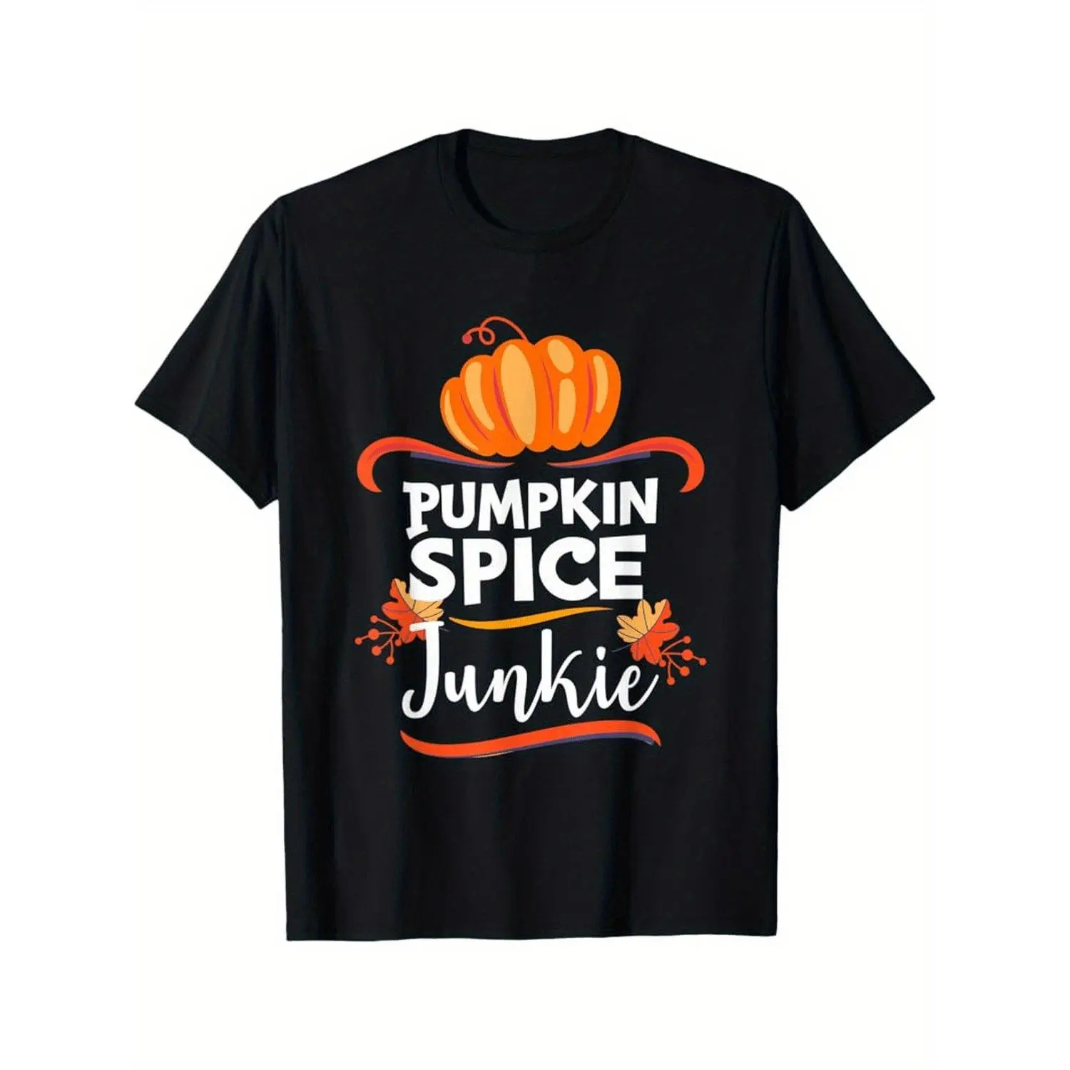 Funny Pumpkin Spice Junkie Graphic 100 Percent Oversized Relaxed Fit Crew Neck Short Sleeve Casual Fall T Shirt with Vibrant Orange Pumpkin and Autumn Leaf Design for Halloween and Thanksgiving Spooky Season Outfits