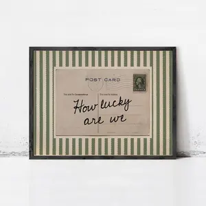 How Lucky Are We Wall Art Vintage Postcard Quote Print, Coquette Sage Green Striped Aesthetic Poster, Trendy Decor Old Money Sentimental