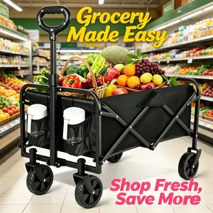 Collapsible utility camping wagon cart with 5-inch quiet, smooth wheels; large-capacity foldable storage trolley for family grocery shopping, supermarkets, beach, garden, picnics, truck trunks, and outdoor travel.