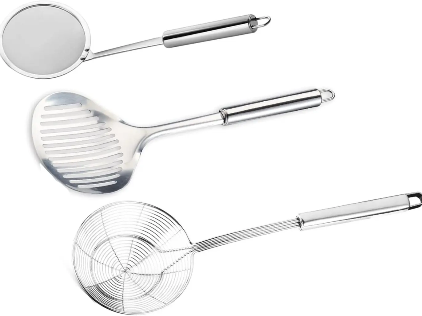 3 Packs Kitchen Solid Stainless Steel Spider Strainer Skimmer Ladle for Cooking and Frying, Kitchen Utensils Wire Strainer Pasta Strainer Spoon Hot Pot Fat Skimmer Spoon Set