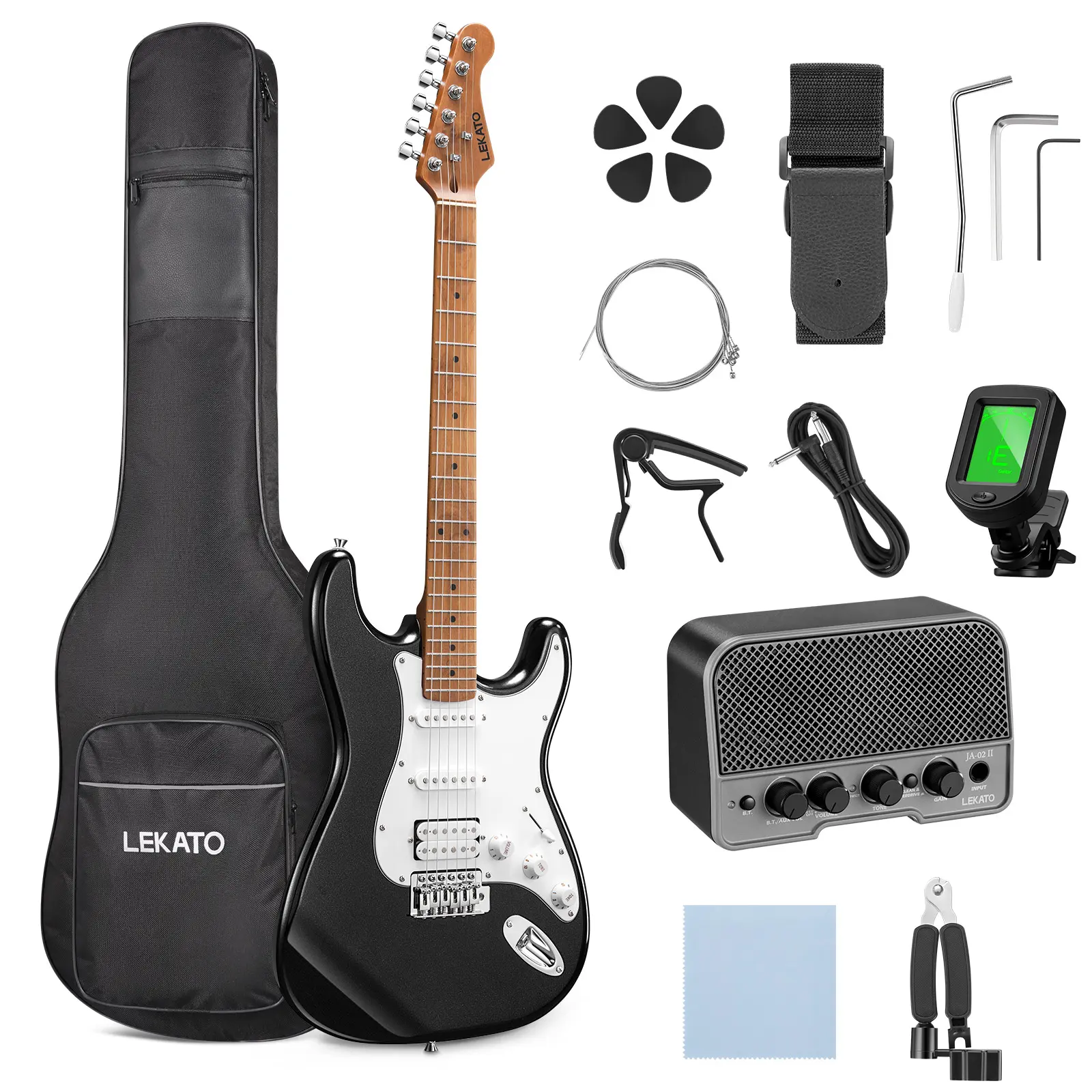 LEKATO Electric Guitar Kit Beginner 39 Inch Full Size Solid Body Guitar SSS for Starter with 5w Plug-in Amp, Bag, Tuner, Capo, Shoulder Strap, Picks, String, String Winder&Cutter