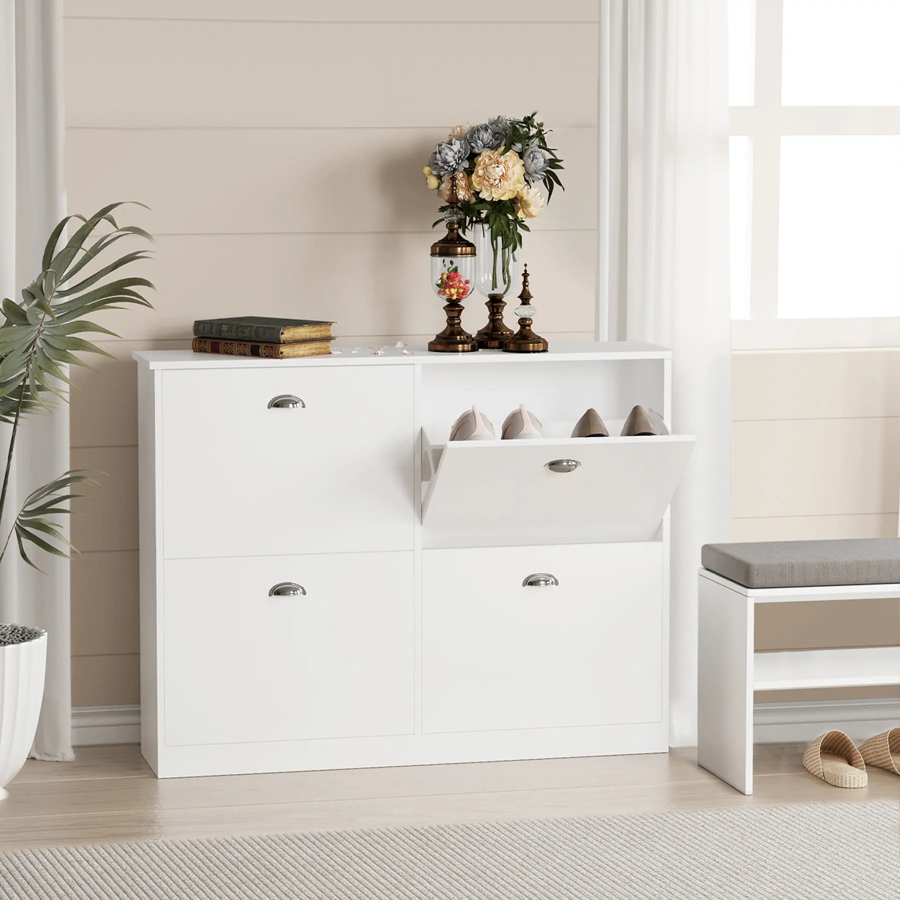 4-Drawer Original Wood Color Freestanding Shoe Storage Cabinet - Waterproof, Adjustable, Slim Narrow, Hidden Design, Dustproof Drawer and Shelving Unit, Easy Assembly, Spacious Top, Easy to Wipe Clean for Entryway, Foyer, Shoe Organization, Four Drawers