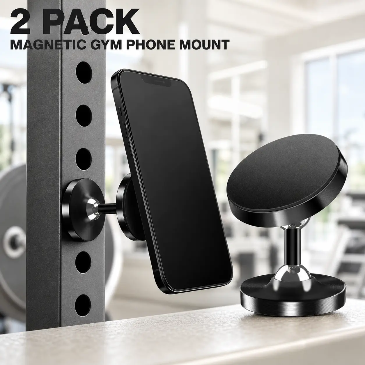 Wireless Magnetic Universal Compatible Phone Holders & Mounts 2-Piece Set, 360° Rotatable Double-Sided Holders for Gym Squat Racks, Treadmills, Office/Car Metal Surfaces, Black