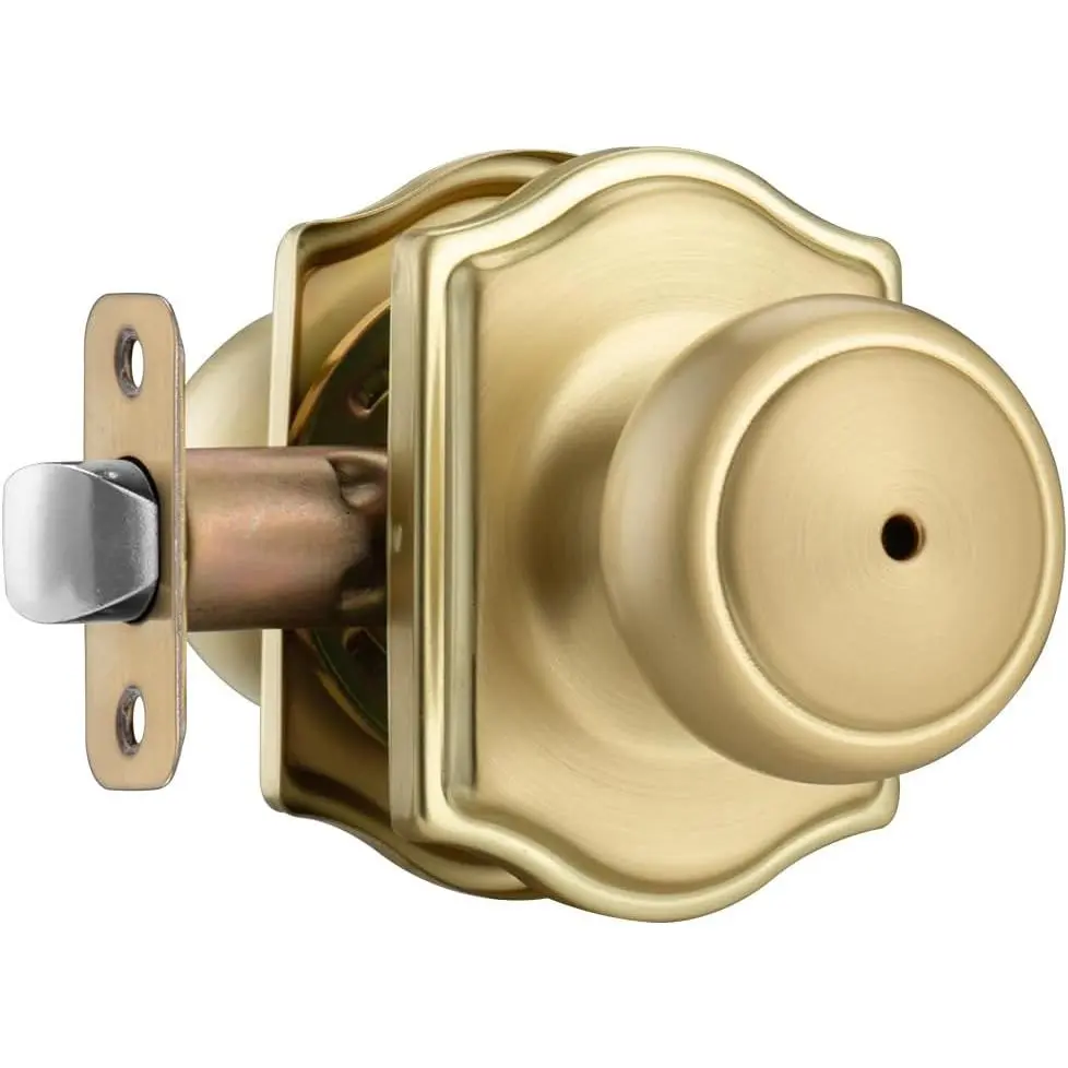 Satin Brass Door Knobs with Camelot Trim,Gold Interior Door Knob with Lock,al Privacy Door knob for Bath and Bedroom