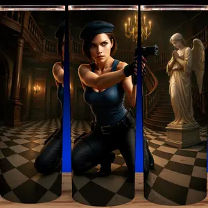 Resident Evil Jill Valentine Survival Horror Gaming Cup Mug Tumbler 20oz Cup Mug Tumbler 20oz Stainless Steel Tumbler with Slide Closure Lid, Reusable Plastic Straw, Handmade Design - Drinkware Flasks Glossy