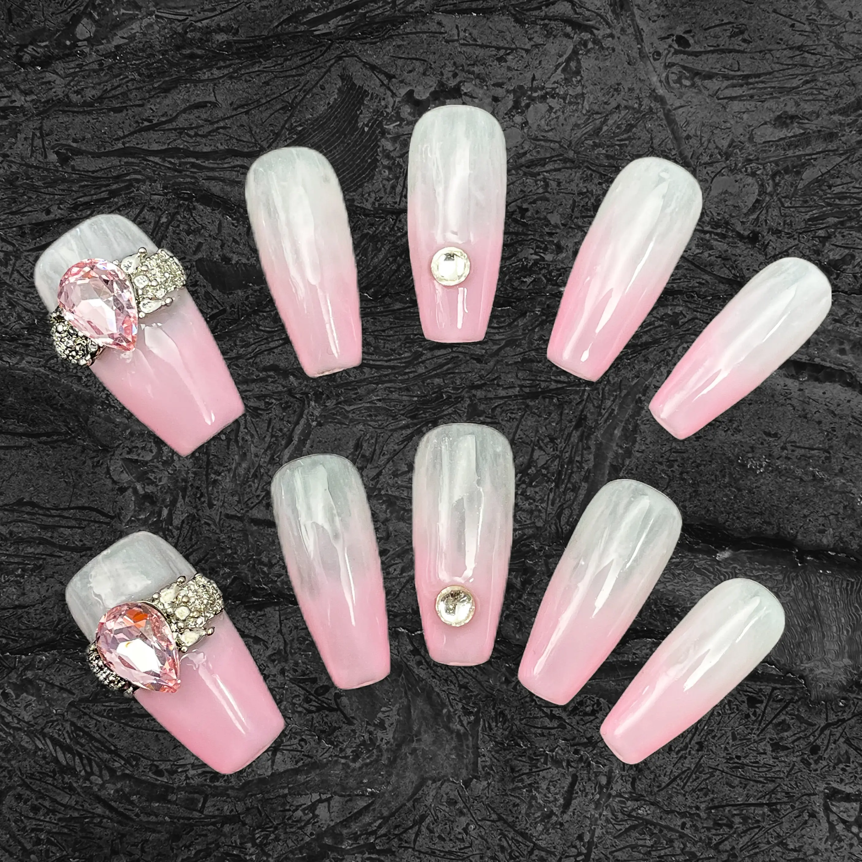 Kandy Klaws | Pink and White Ombre Acrylic Press on Nails | Press Ons with Charms | Coffin Glue On Nails 22mm | Trendy Handmade Fake Nails | Party Nails