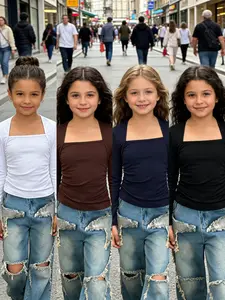 4-piece set of girls' solid color square neck long sleeved top, multi-color combination, slim fit and slimming style, comfortable and breathable, can be worn inside or outside, daily casual, girls' clothing