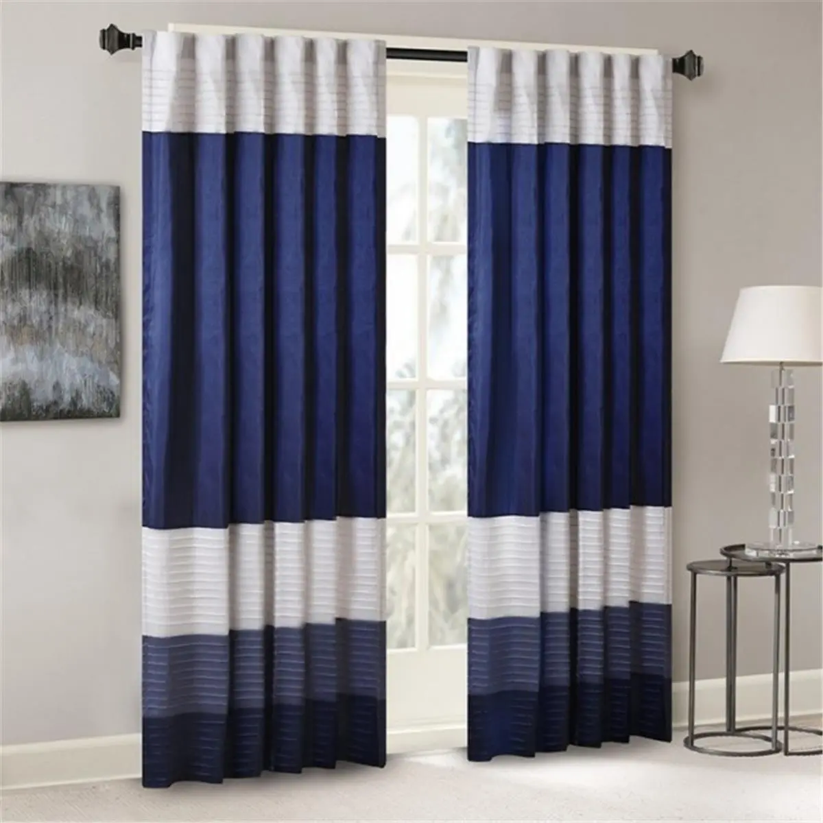 Madison Park MP40-2225 Amherst 1-Piece Polyester Window Curtain - Navy, Modern Stripe, Pintuck Detail, Rod Pockets, One-Piece