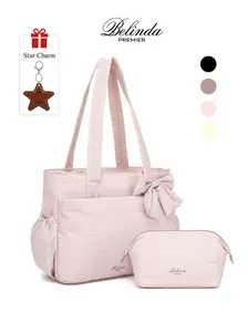 BELINDA Women’s 3PCS Tote Set, Puffer Bow Tote Bag, Makeup Pouch, and Star Pendant Keychain