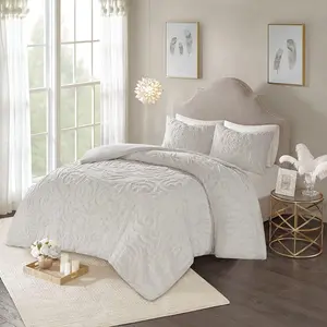 Shabby Chic 3-Piece Duvet Cover Set - King/Cal King/Twin XL Sizes, OEKO-TEX Certified, Tufted Chenille Medallion Design, All Seasons Cotton Bedding, Machine Washable, with Inside Ties