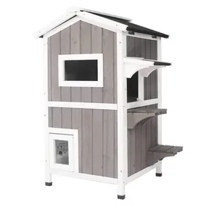 Petscosset Outdoor Cat Shelter Weatherproof, Two Story Wooden Outside Feral Cat House with Openable Roof, Escape Door, Grey White