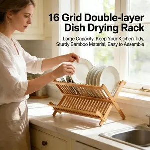 New Collapsible Bamboo Dish Rack 16 Grids, 2-Tier Foldable Dish Drying Organizer for Kitchen Counter, Sturdy Wooden Plate Holder with Easy Storage & Quick Drainage