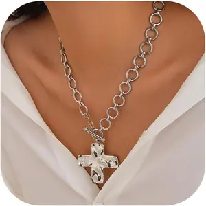 Tewiky Gold Chunky Cross Necklace for Women Statement Cross Pendant Necklace Layered Hammered Bold Cross Necklace Vintage Toggle Clasp Necklace Jewelry