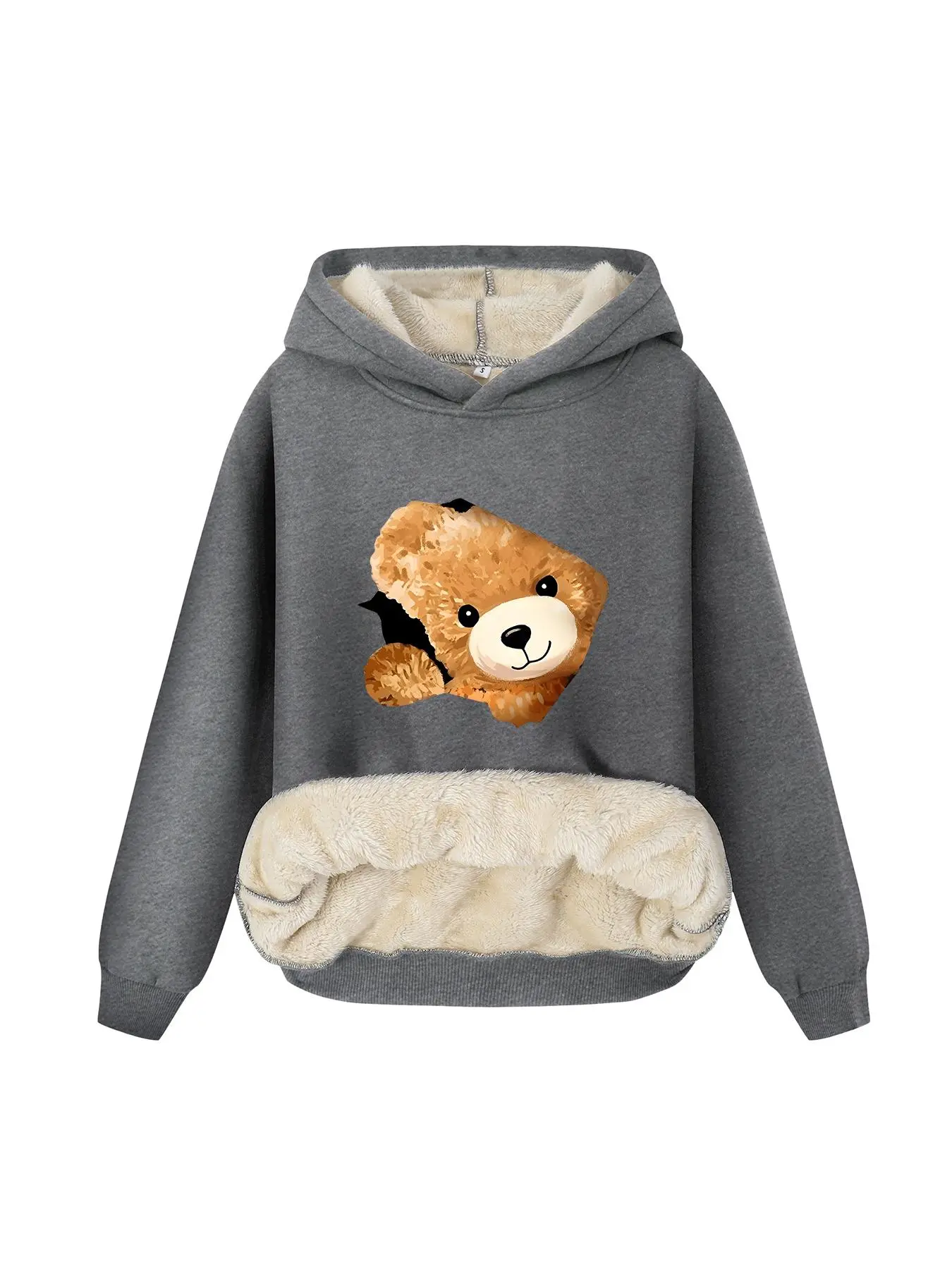 Women's Bear Print Plush Lined Fuzzy Hoodie Sweatshirt, Casual Long Sleeve Pullover for Fall & Winter, Women's Clothes for Daily Wear