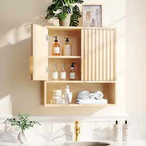 VINGLI Fluted Modern Medicine Cabinet,Bathroom Wall Cabinet Over Toilet Storage, Upper Floating Countertop Storage for Bathroom, Laundry Room,Small Hanging Kitchen Wall Cabinets (Natural Oak Color)