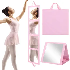 Foldable Full Length Mirror with Handle, 47 * 13in Four-fold Mirror for Travel Makeup Dancing and Fitting Clothes, Pink