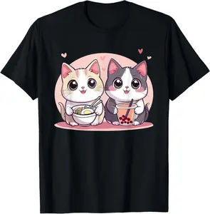 100% Cotton Funny Boba Ramen Cats Kawaii Anime Japan Cute Neko Cat T-Shirt