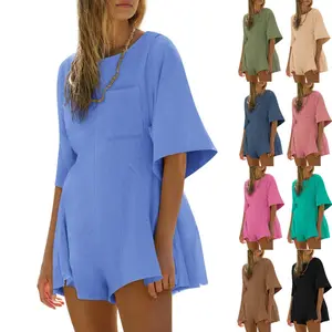 PASLTER Rompers for Women 2025 Spring Outfits Summer Casual Short Sleeve Crew Neck Loose Jumpsuits with Pocket