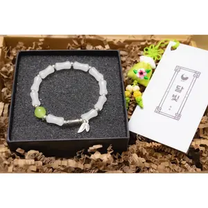 Bamboo Leaf Bracelet, Korean Inspired Hanbok Jewelry, White Beads + Green Accent, Simple Gift for Her