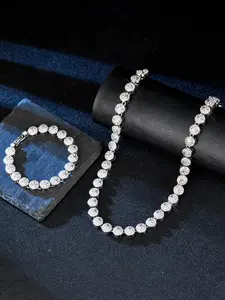 2pc Rhinestone Necklace with Bracelet Jewelry Set for Men Iced Out Urban Fashion Street Neck Chain Hand Chain Link Set Hip Hop Miami Charm Rapper's Necklace Bracelet Jewelry Gift for Lover Friend Fashionable Jewelry Set