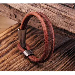 Men's COOL Metal Clasp Double Band Vintage Leather Wristband Bracelet Cuff Brown