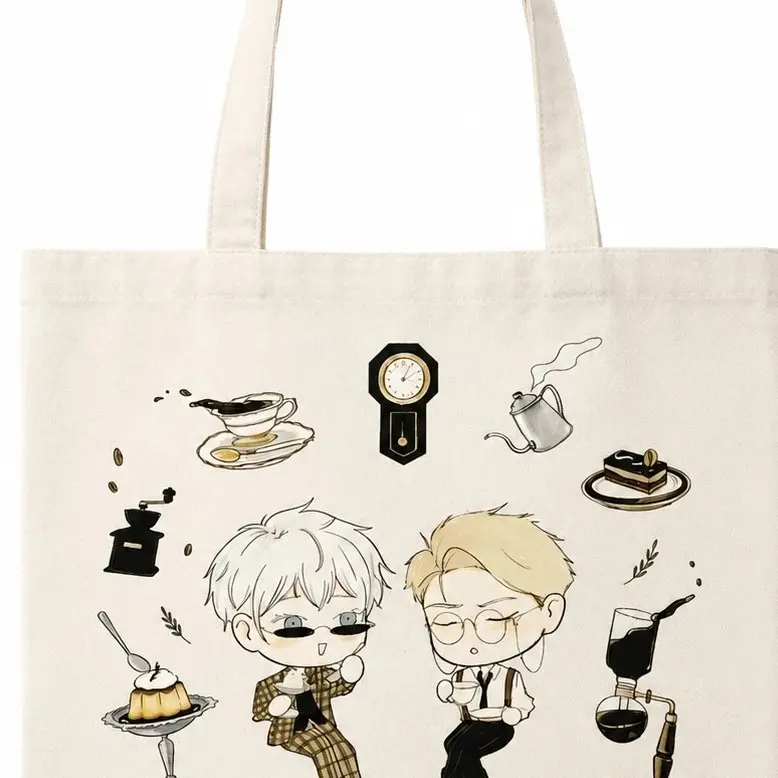 Canvas Tote Bag with Anime Characters and Coffee Theme Design for Daily Use