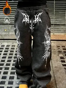 Black Metal Font Graphic Vintage Cotton Wide-Leg Sweatpants, Charcoal Gothic Streetwear Pants, 100% Cotton Fabric, Punk Aesthetic, Trendy Baggy Fit, White Print Bottoms, Daily Pants, Casual/Street Style, Casual Streetwear Trousers
