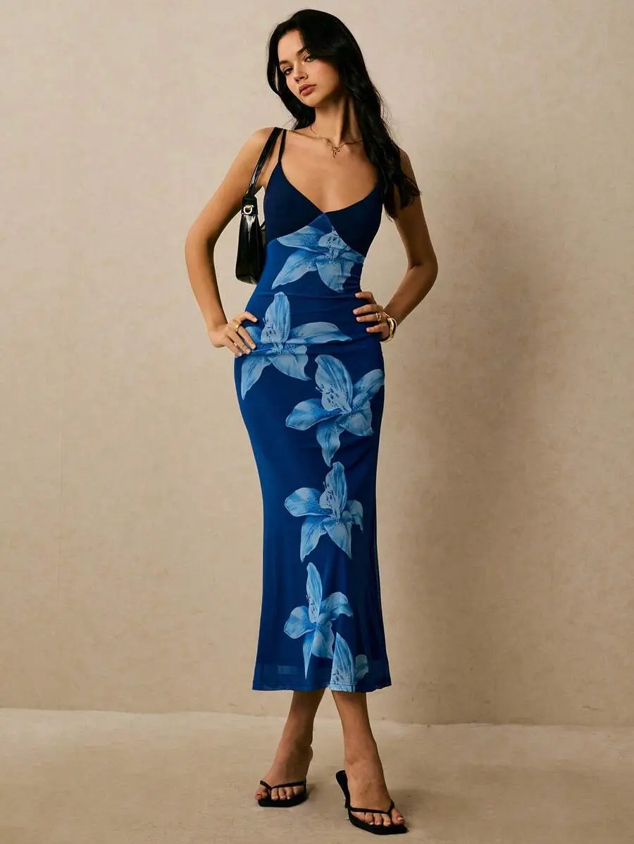 HERMIA Elegant Blue Floral Lily Print Spaghetti Strap Midi Slip Dress,Women's Summer Tropical Vacation Wedding Guest Dress For Dinner Date