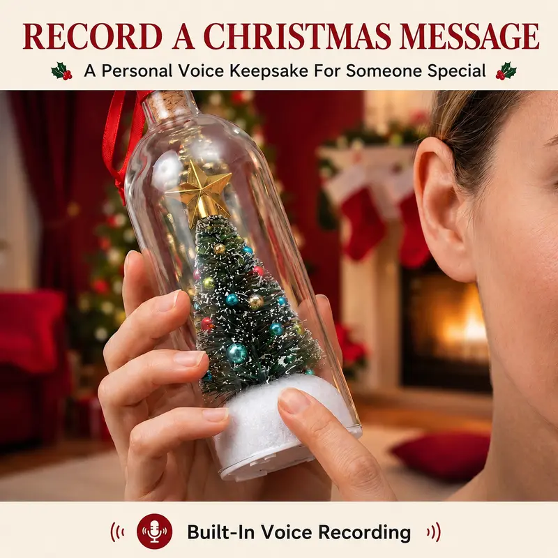 Recordable Christmas Message in a Bottle Ornament 8 Inch Voice Recording Holiday Keepsake with Playback Snowy Christmas Tree Scene Plastic Bottle Decoration for Tree Home and Gift,back to school,back to school haul-YY2