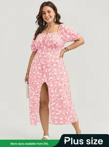 [Plus Size] Floral Print Tie Shoulder Cami Dress, Boho Casual Sleeveless Spaghetti Strap Fitted Long Dress for Beach Holiday Vacation, Women's Clothes for Summer, Boho Chic Dress