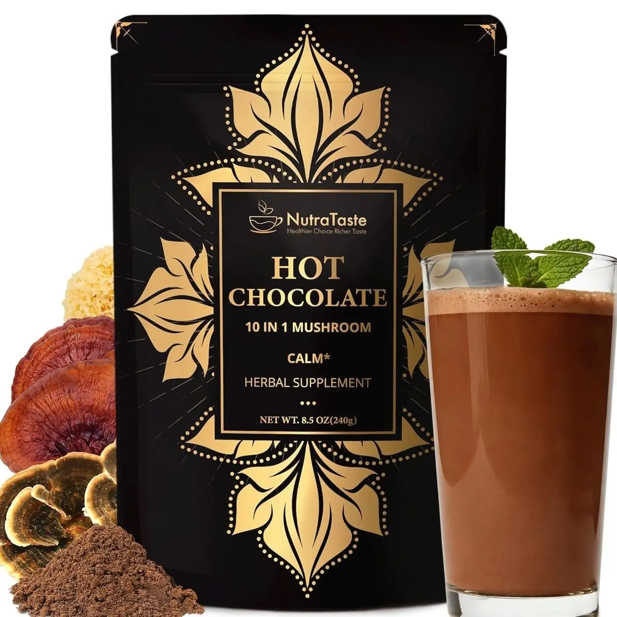 Mushroom Hot Cocoa with Magnesium Glycinate & L-Theanine, GABA | 10-Mushroom Blend with Lion’s Mane & Reishi | Supports Calm Focus & Relaxation | Cacao Powder, No Melatonin | Keto & Vegan | 8.5 OZ