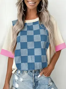Checkered Denim Patchwork Short Sleeve Loose Top, Short Sleeves Provide Lightweight Comfort For Summer Wear.
