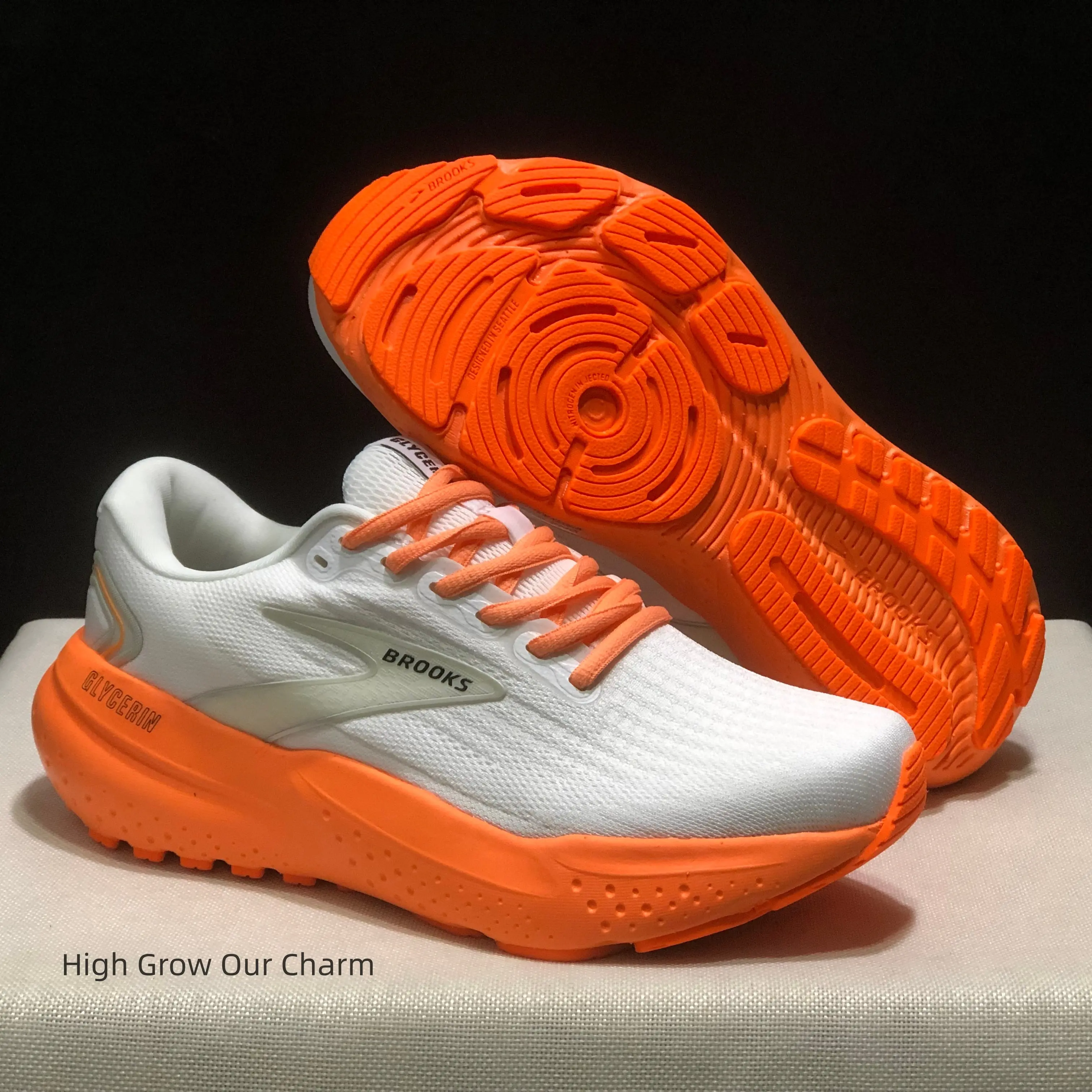 Men's White Orange Breathable Mesh Thick Cushion Running Sneakers Shock Absorbing Athletic Trainers For Road Jogging Marathon