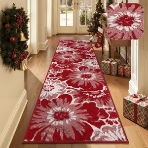 Christmas Runner Rug 2x8, Non Slip High-Low Textured Floral Washable Runner Rug with Rubber Backing, Boho Carpet Runners for Hallway, Kitchen, Entryway, Bedroom, Laundry & Holiday Decor, Red