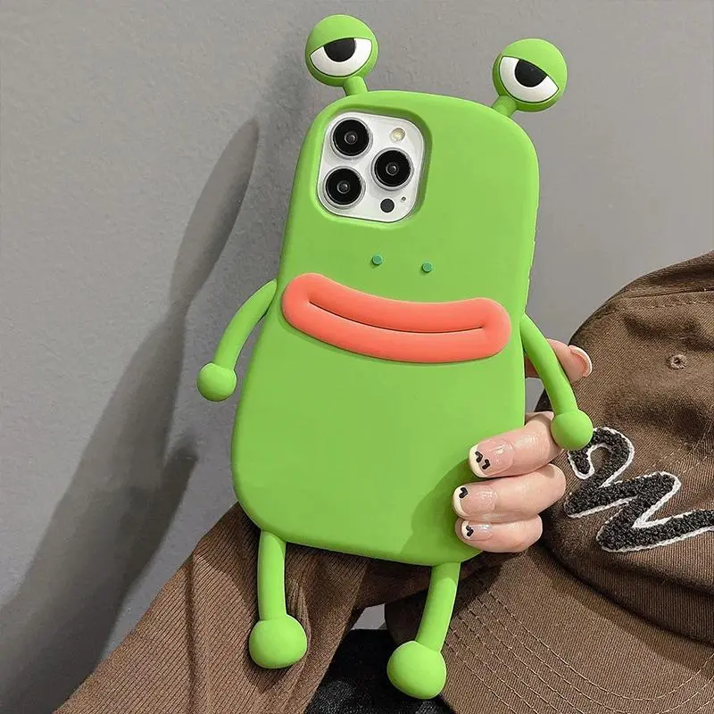 Funny Soft Silicone 3D Frog Phone Case For iPhone 14 13 11 12 15 16 17 Pro Max XS XR 8 Plus Cartoon Cute Shockproof Bumper Cover Military Grade Rotating Camera lurvia