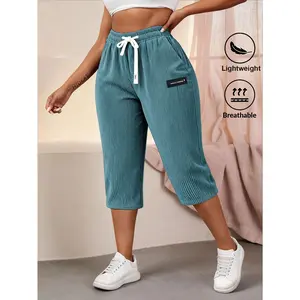 Trendy Women Solid Corduroy Capri Pants Casual Adjustable Drawstring Waist Lightweight Breathable Summer Daily Outdoor Slim Cropped Trousers Soft Comfy Streetwear Daily Layering Pants