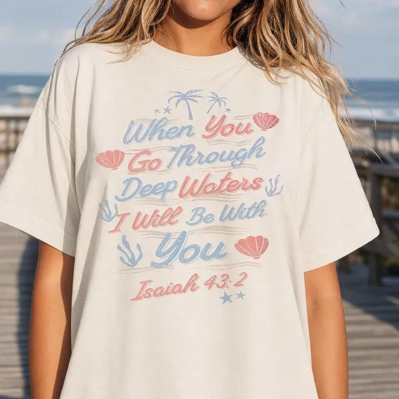 Bible Verse Shirt Women Christian Graphic Tee Isaiah 43 Deep Waters Plus Size Top