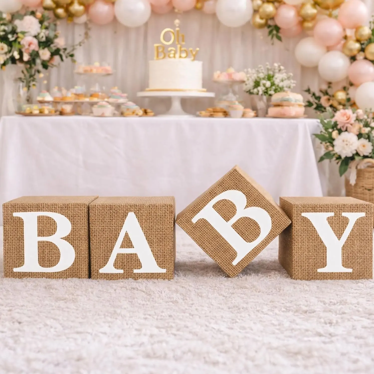 Baby Shower Burlap Print Boxes – Set of 4 Rustic Baby Letter Cubes, Lightweight Hollow Photo Props, Easy Assembly Gender-Neutral Party Décor