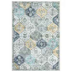 Washable Vintage Floral Print Area Rug Low Pile Non Slip Floor Cover for Living Room Bedroom Home Decor Throw Carpet Blue/Yellow 10 x 13(ft)